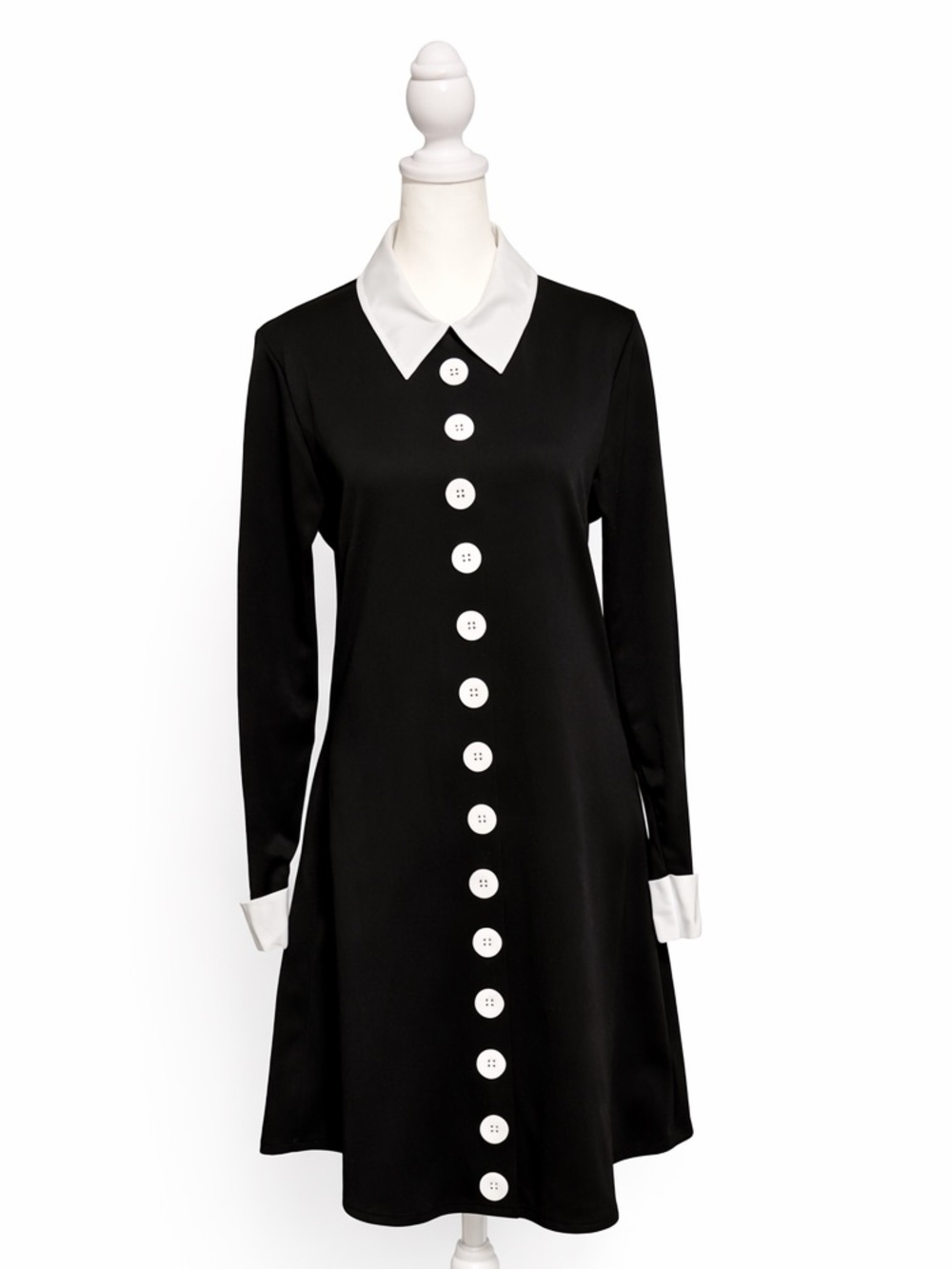 Black & White Collared Long Sleeve Shift Dress | Addams Family Collection